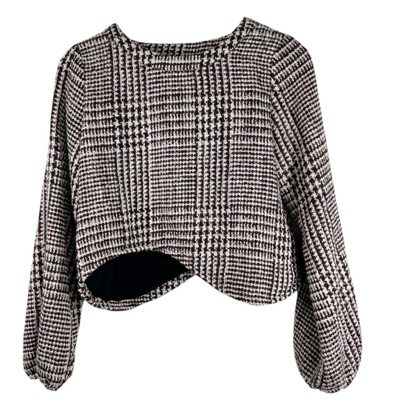 LINE + DOT Plaid Wool Tweed Crop Asymmetrical Balloon Sleeve Top Size Small - Picture 1 of 8